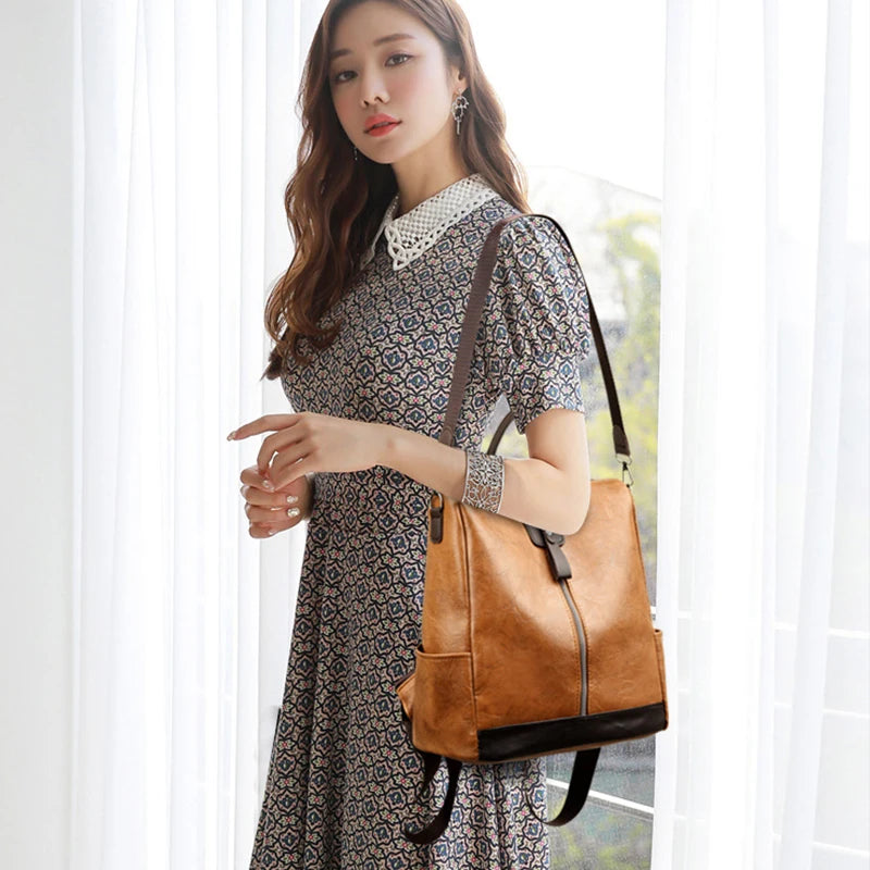 Women’s Anti-Theft PU Leather Travel Backpack