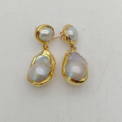White Baroque Pearl Gold Stud Earrings