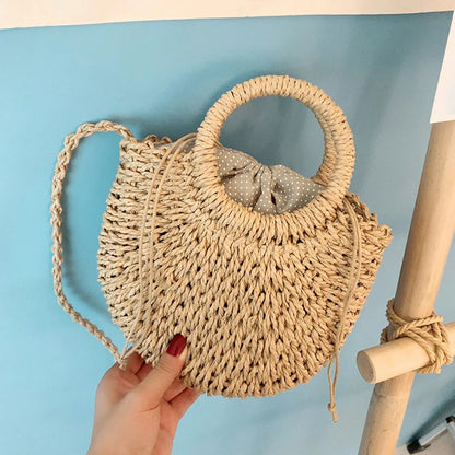 Half-Round Woven Straw Beach Tote Bag