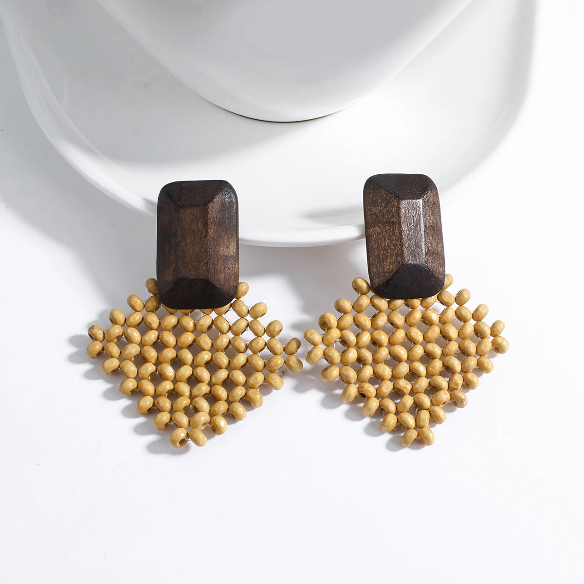 AENSOA Boho Handmade Geometric Wooden Drop Earrings