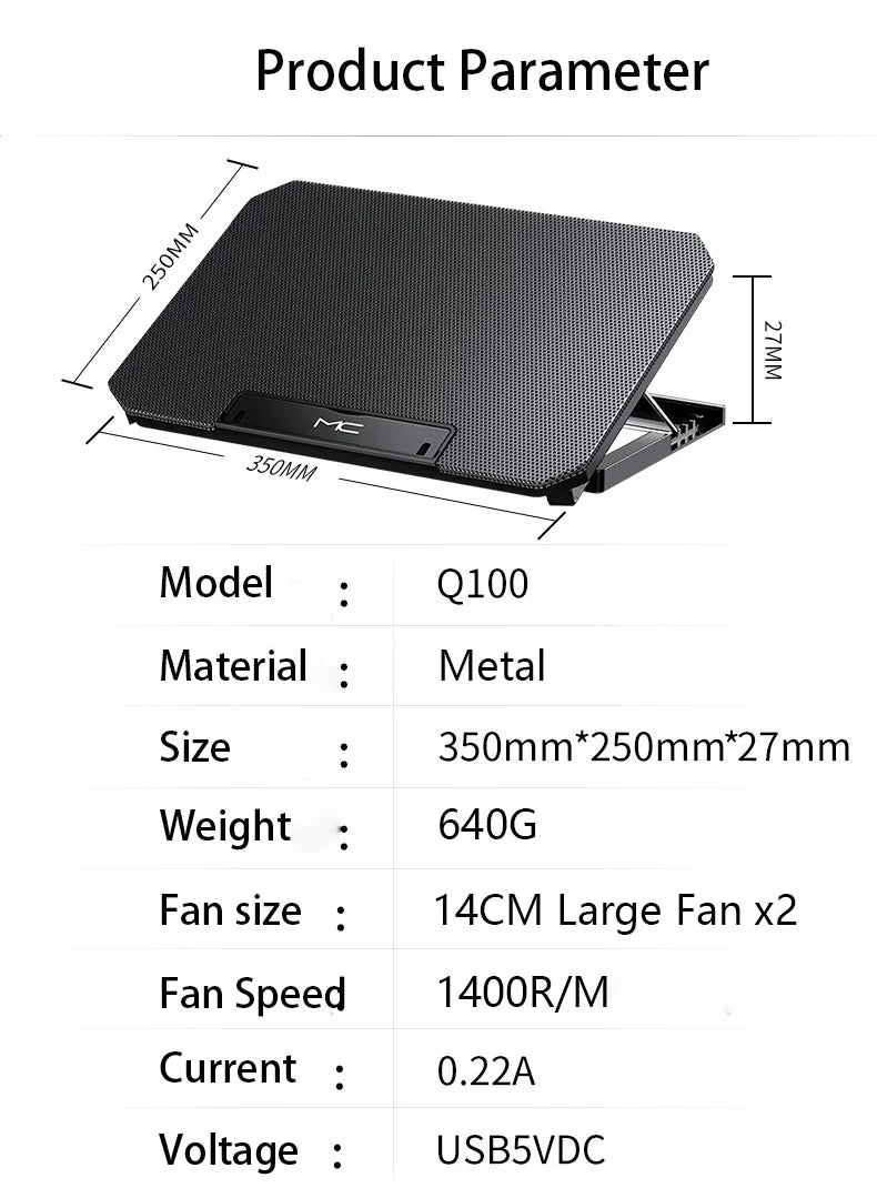 Adjustable Dual-Fan Laptop Cooler Stand with 2 USB Ports