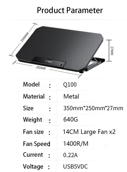 Adjustable Dual-Fan Laptop Cooler Stand with 2 USB Ports