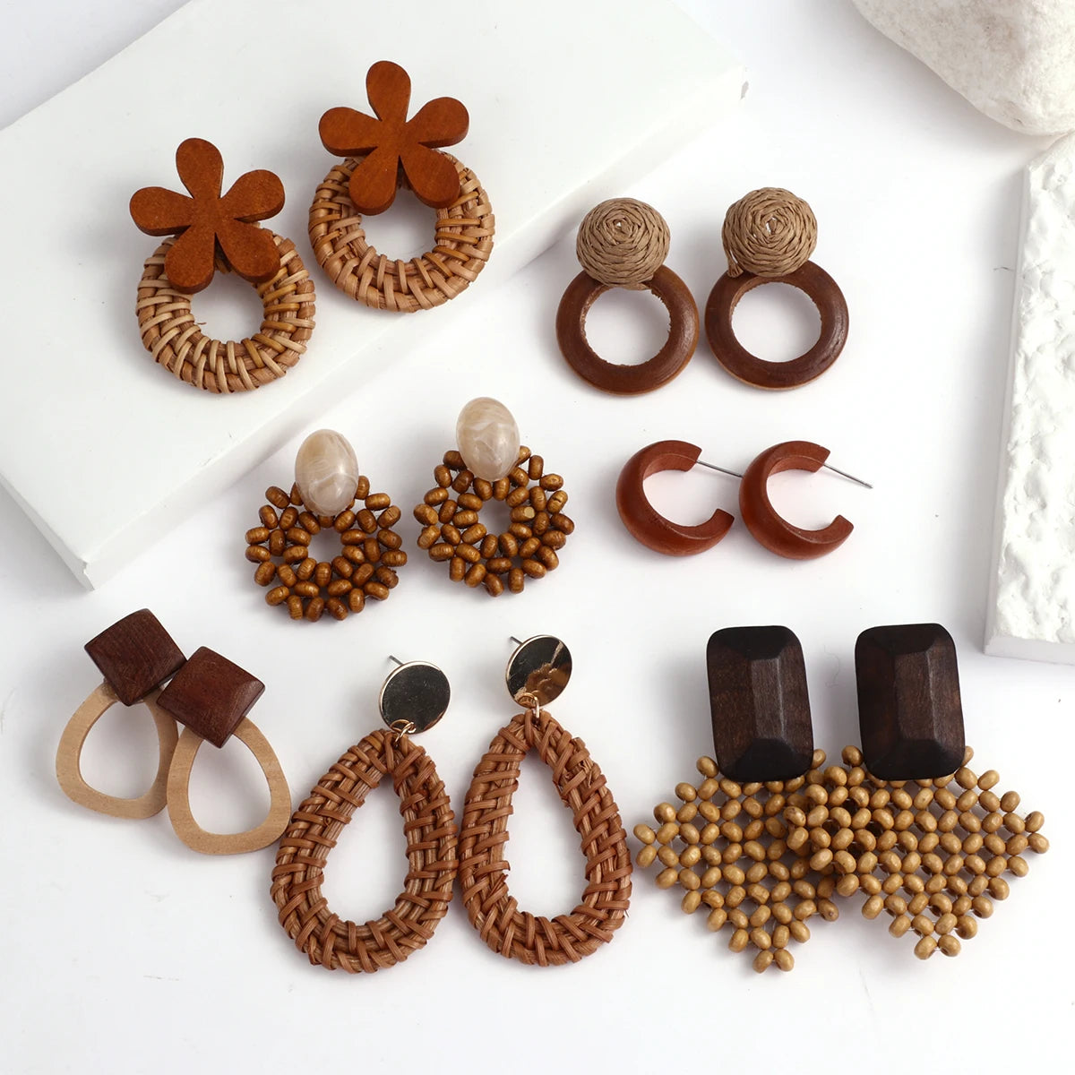 AENSOA Boho Handmade Geometric Wooden Drop Earrings