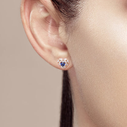 14K Gold Blue Sapphire Diamond Heart Stud Earrings