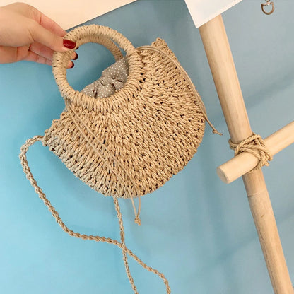 Half-Round Woven Straw Beach Tote Bag
