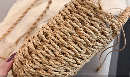 Half-Round Woven Straw Beach Tote Bag