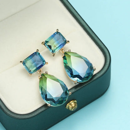 Blue Green Water Drop Zircon Earrings