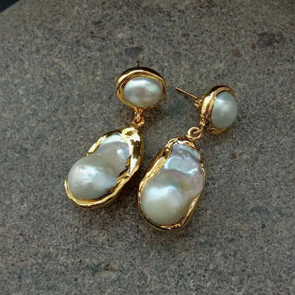 White Baroque Pearl Gold Stud Earrings