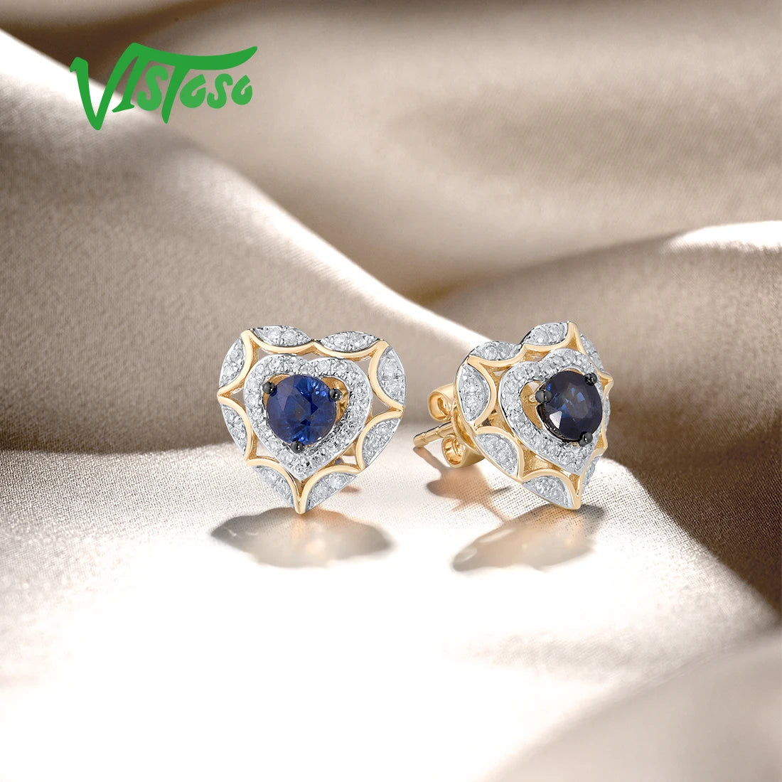 14K Gold Blue Sapphire Diamond Heart Stud Earrings