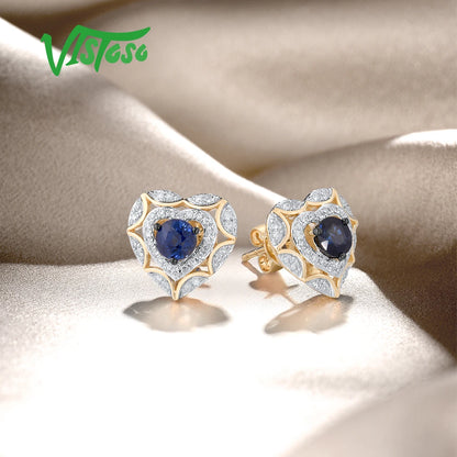 14K Gold Blue Sapphire Diamond Heart Stud Earrings