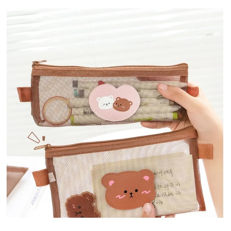 Cute Bear Transparent Mesh Pencil Case