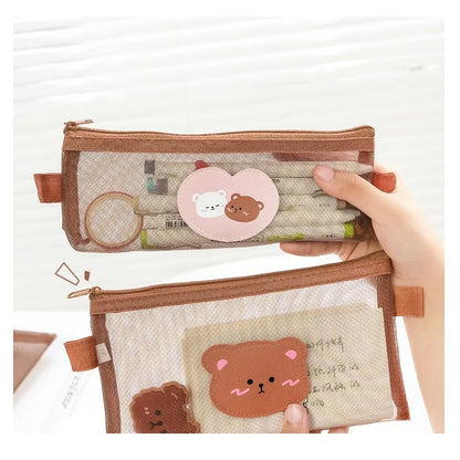 Cute Bear Transparent Mesh Pencil Case