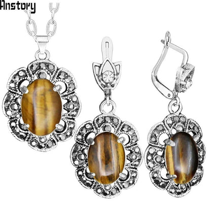 Natural Tiger Eye Necklace Earrings Jewelry Set