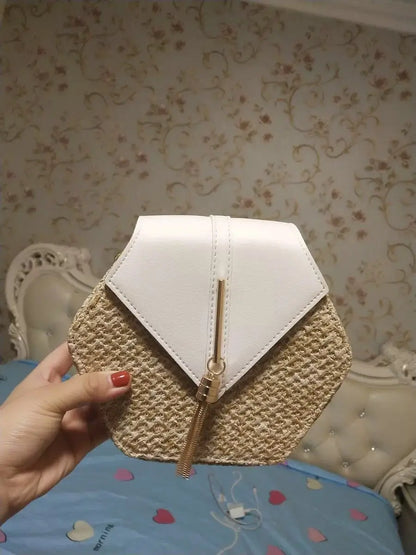 Hexagon Straw+leather Handbag