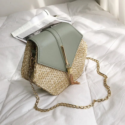 Hexagon Straw+leather Handbag
