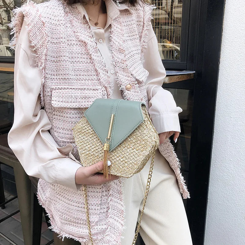 Hexagon Straw+leather Handbag