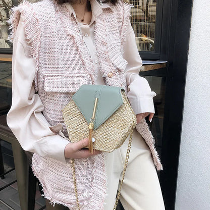 Hexagon Straw+leather Handbag