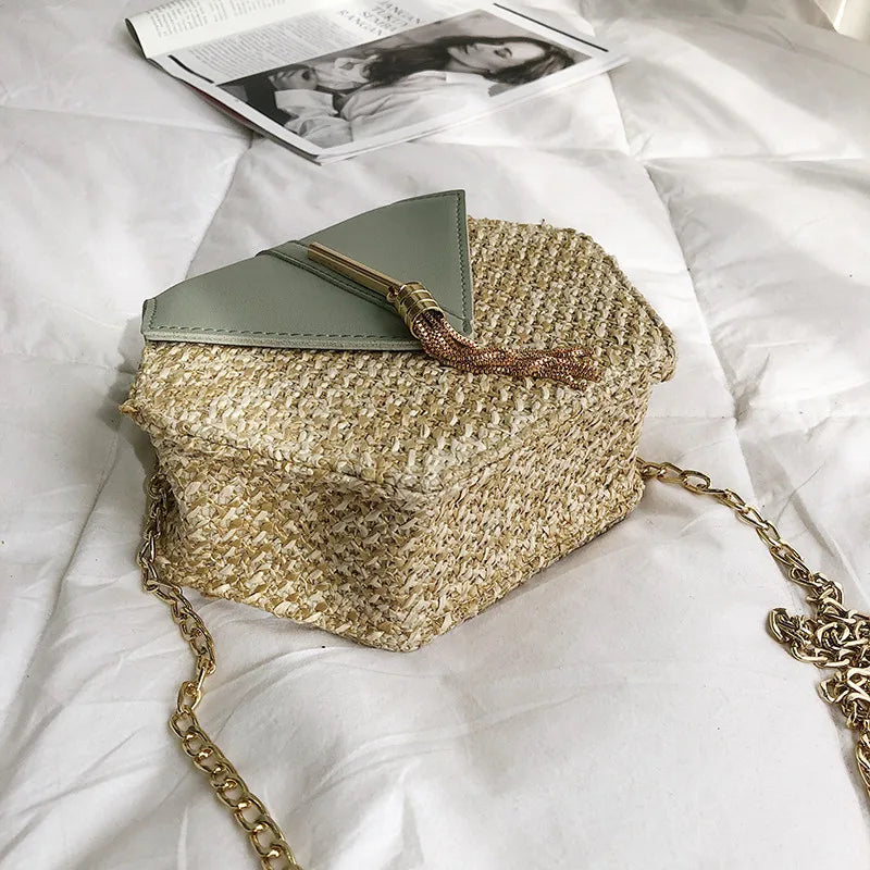 Hexagon Straw+leather Handbag