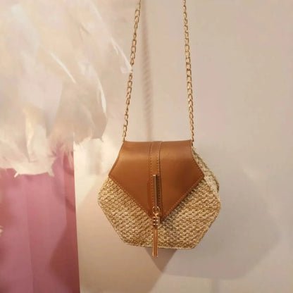 Hexagon Straw+leather Handbag