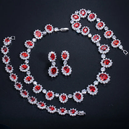 Cww Zircon Sparkling Round Red Necklace Earring Bracelet Set