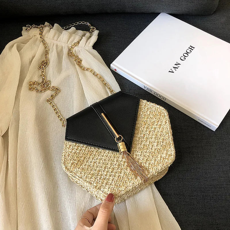 Hexagon Straw+leather Handbag