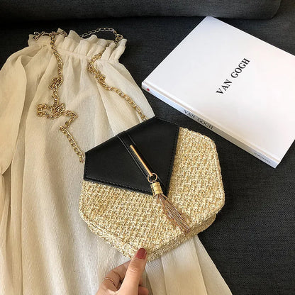 Hexagon Straw+leather Handbag