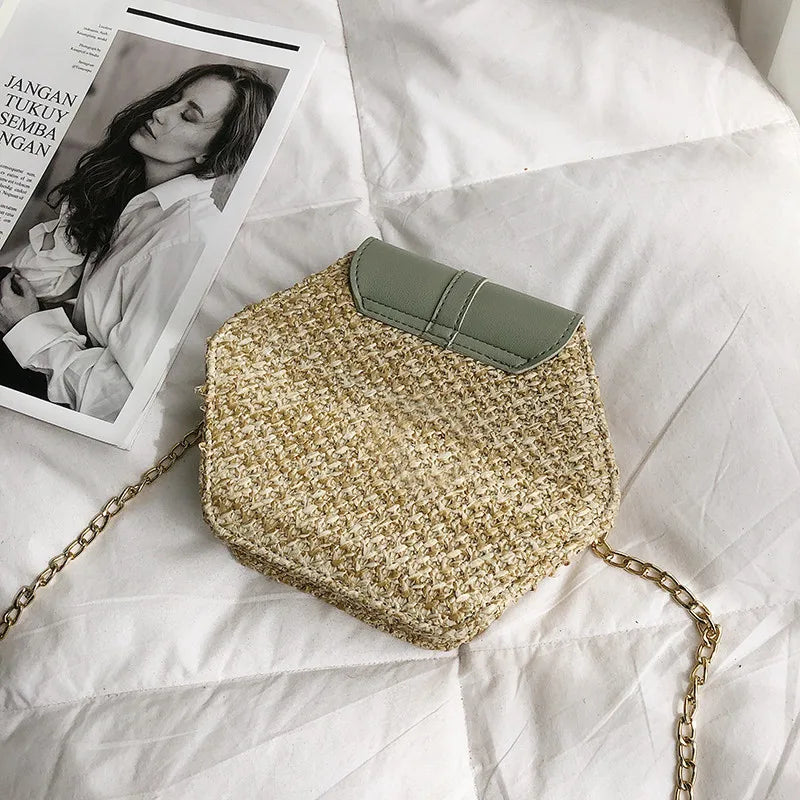 Hexagon Straw+leather Handbag