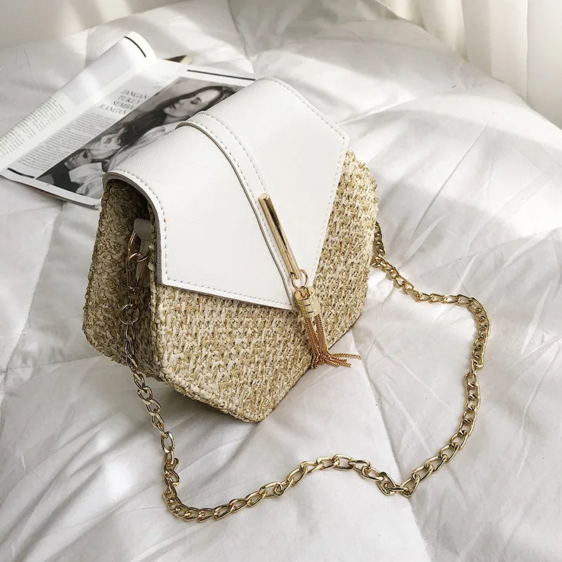 Hexagon Straw+leather Handbag