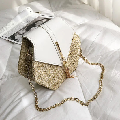 Hexagon Straw+leather Handbag