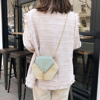 Hexagon Straw+leather Handbag