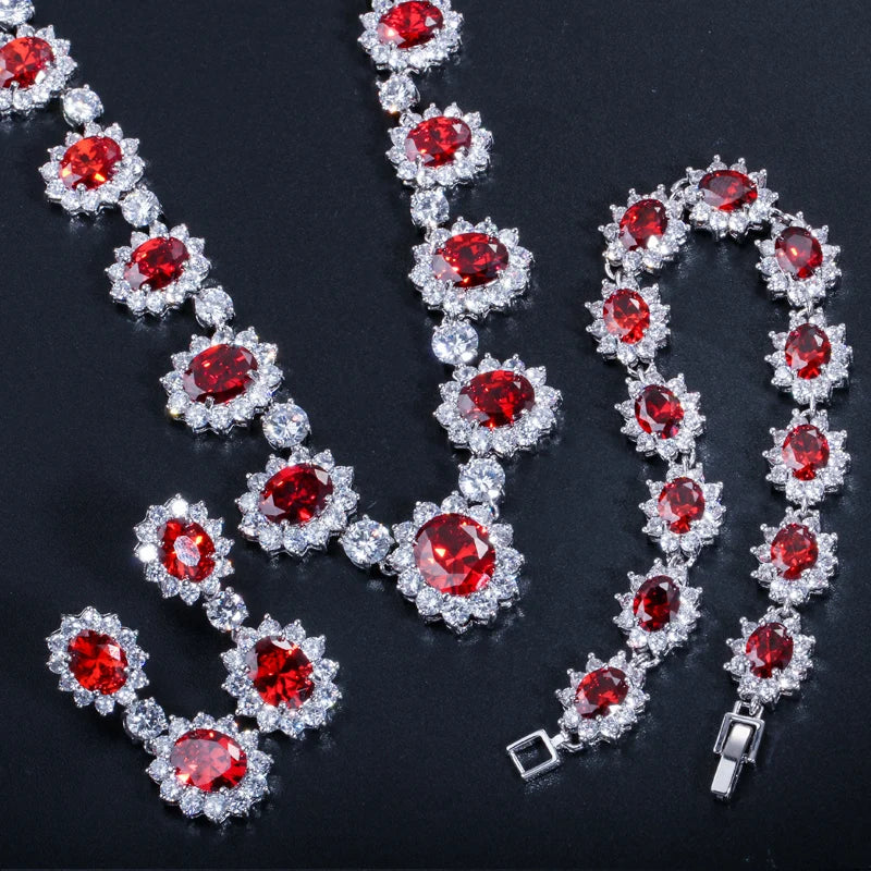 Cww Zircon Sparkling Round Red Necklace Earring Bracelet Set