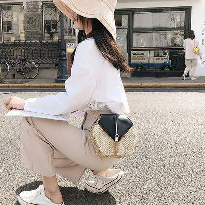 Hexagon Straw+leather Handbag