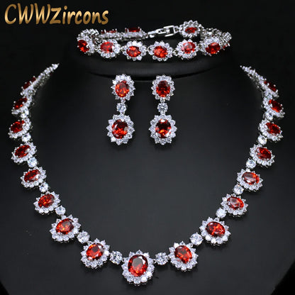 Cww Zircon Sparkling Round Red Necklace Earring Bracelet Set