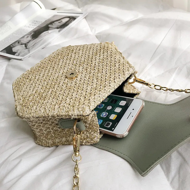 Hexagon Straw+leather Handbag