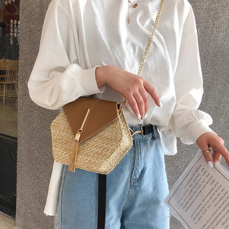 Hexagon Straw+leather Handbag