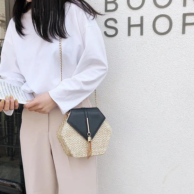 Hexagon Straw+leather Handbag