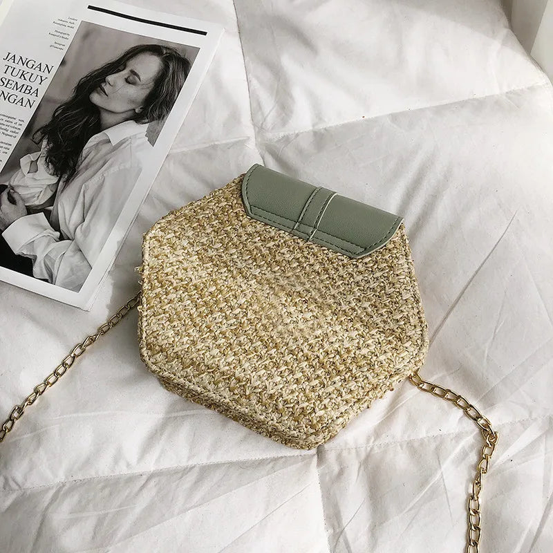 Hexagon Straw+leather Handbag