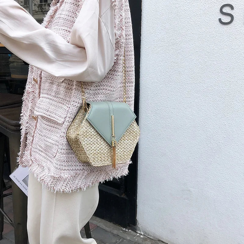 Hexagon Straw+leather Handbag