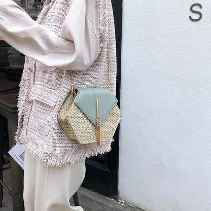 Hexagon Straw+leather Handbag