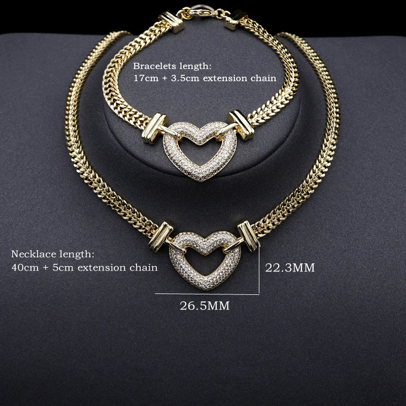 Luxury Gold Jewelry Set Cubic Zirconia Heart Shaped