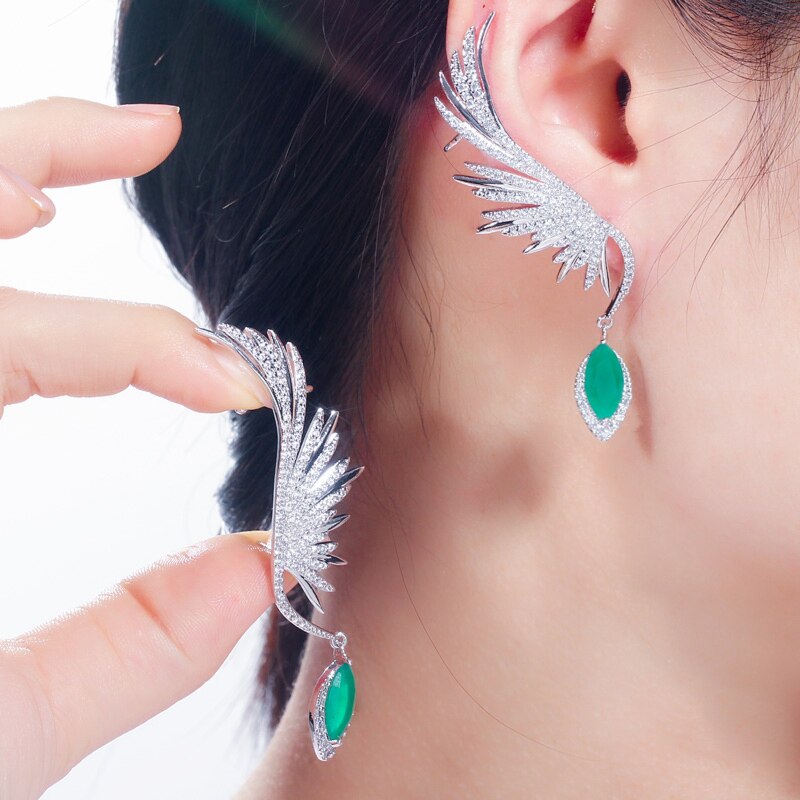 CWWZircons Luxury Zirconia Feather Wing Ear Cuff Earrings