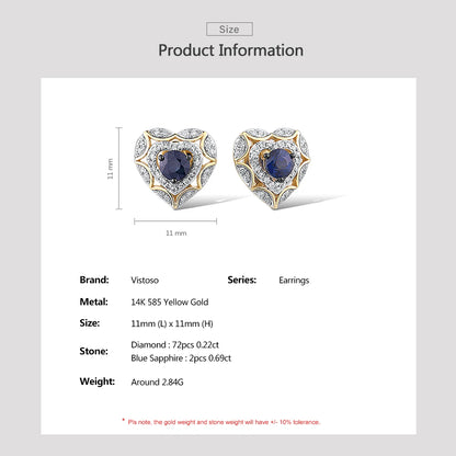 14K Gold Blue Sapphire Diamond Heart Stud Earrings
