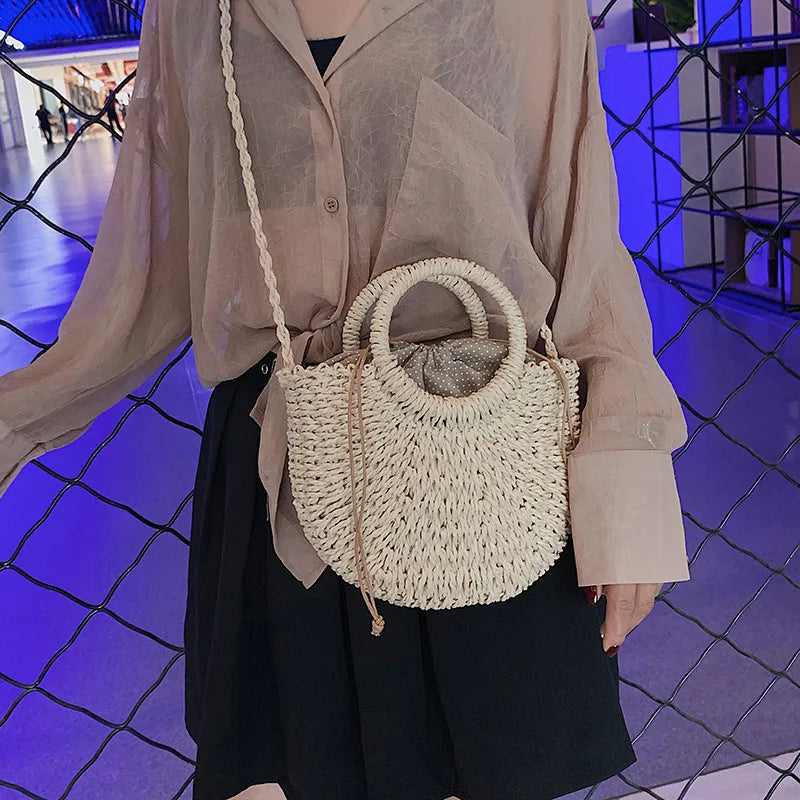 Half-Round Woven Straw Beach Tote Bag