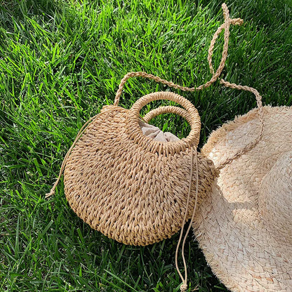 Half-Round Woven Straw Beach Tote Bag