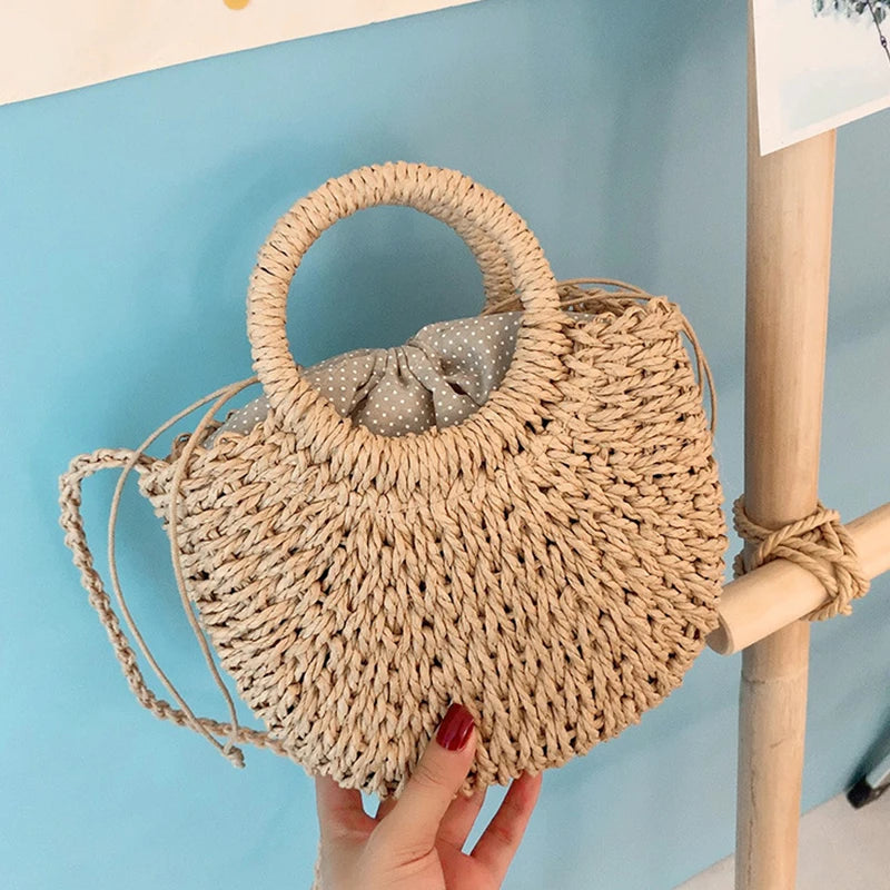 Half-Round Woven Straw Beach Tote Bag
