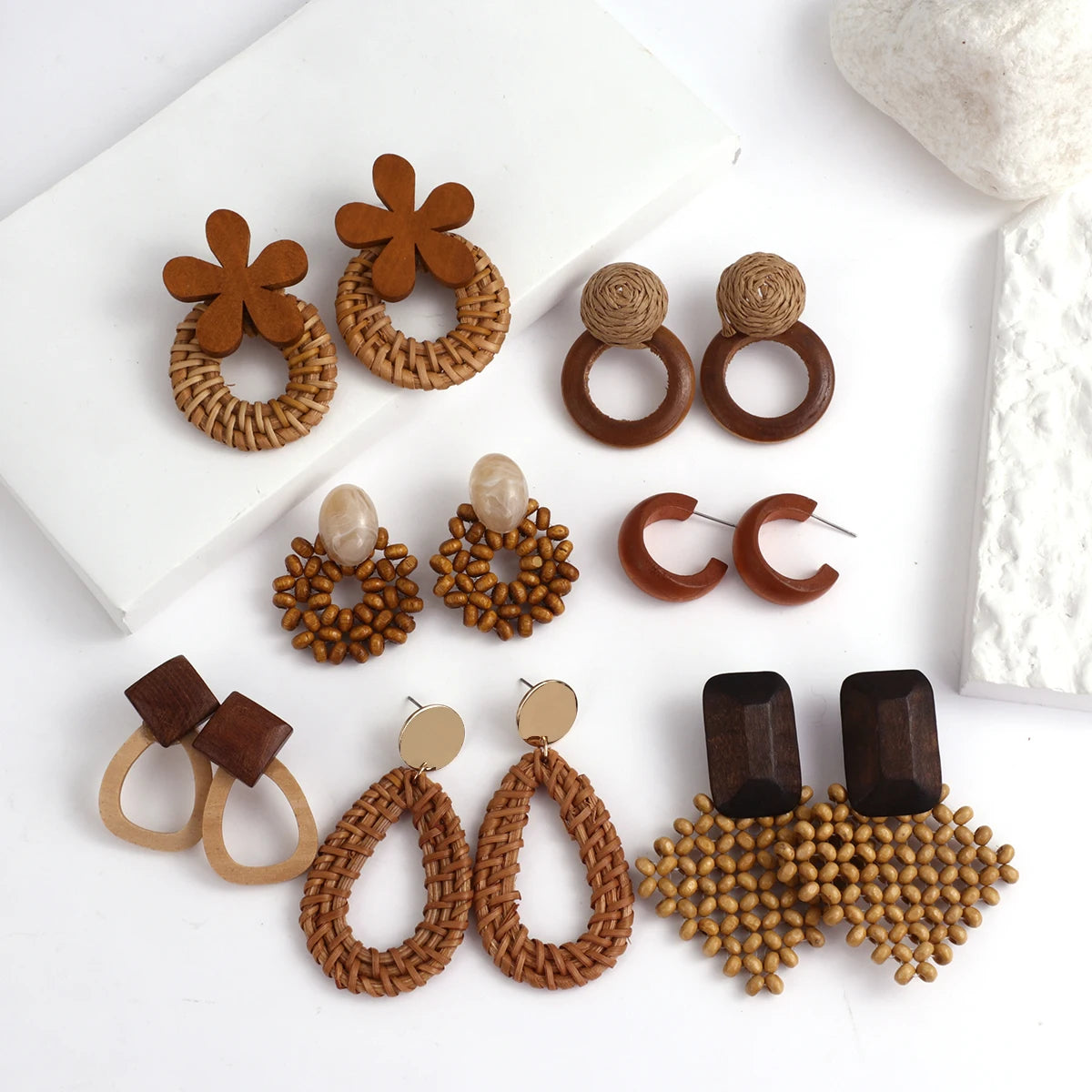 AENSOA Boho Handmade Geometric Wooden Drop Earrings