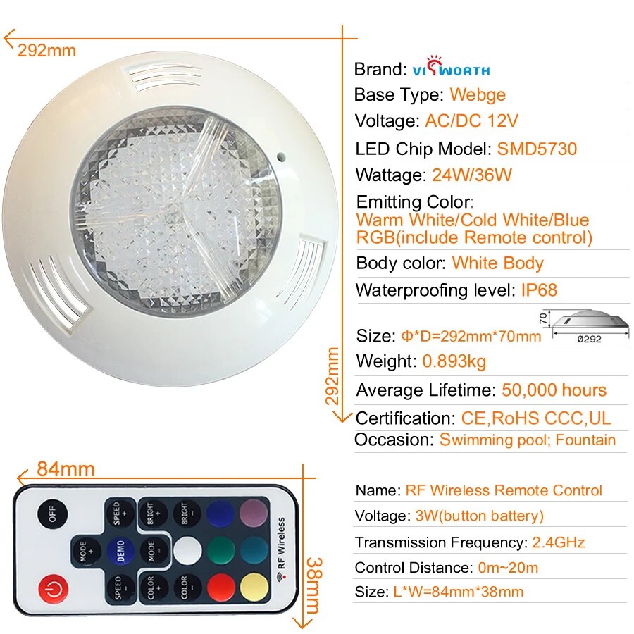 RGB Led Swimming Pool Light 24W 36W Underwater Light