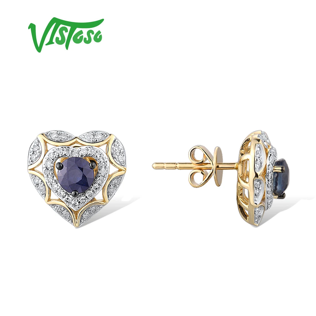 14K Gold Blue Sapphire Diamond Heart Stud Earrings