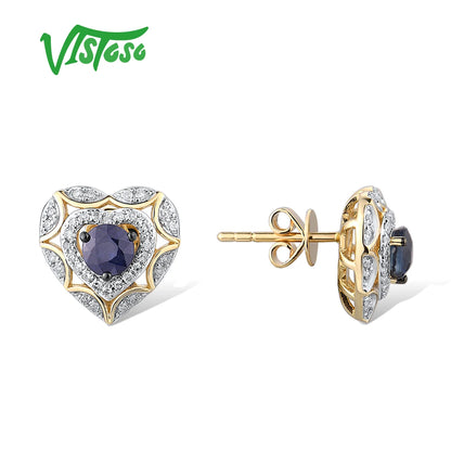 14K Gold Blue Sapphire Diamond Heart Stud Earrings