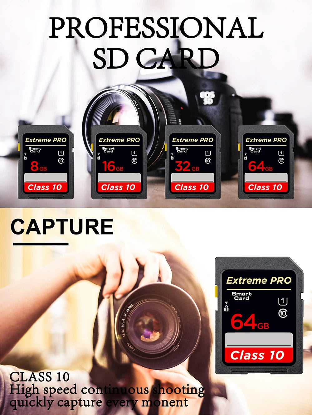Class 10 UHS-I SDXC Camera Memory Card – A1 V10 Storage Card